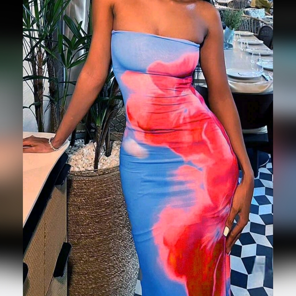 Women Random Printing Bandeau Dress - Picture 3 of 5